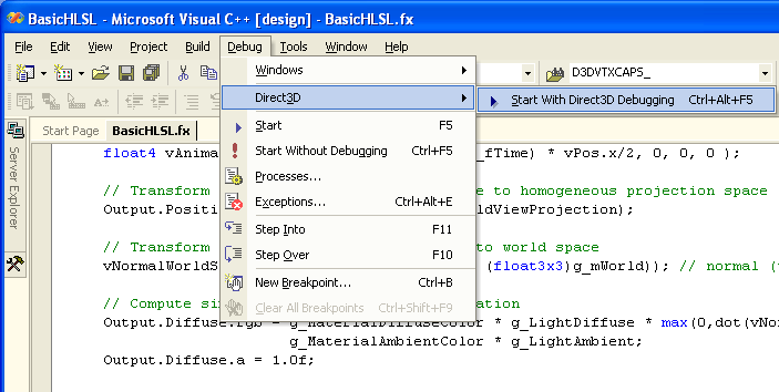 Visual Studio .NET window with Direct3D Debugging selected