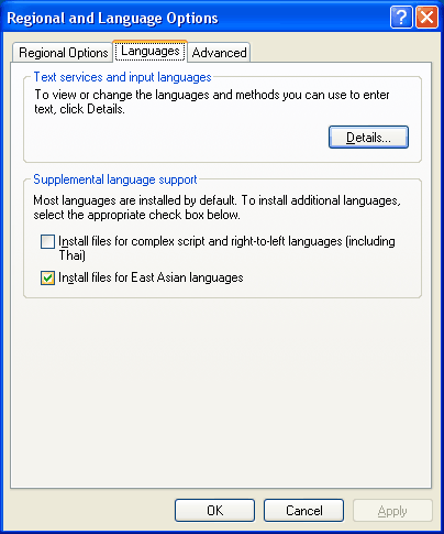 Languages tab of the Regional and Language Options control panel