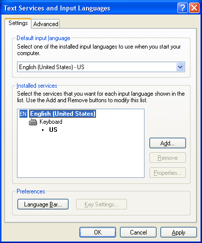 Text Services and Input Languages window, Settings tab