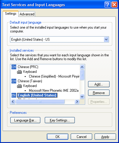 Installed services list box within Text Services and Input Languages Settings