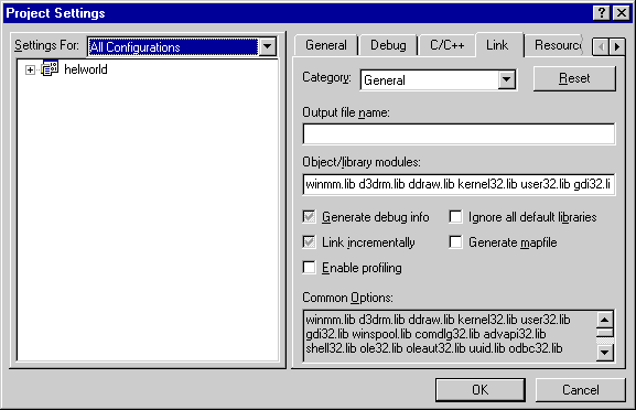 Link tab of the Project Settings dialog box