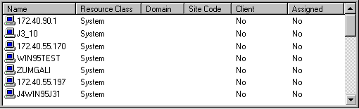 All Systems collection in the SMS Administrator console. System device names and IP addresses appear in the Name column.