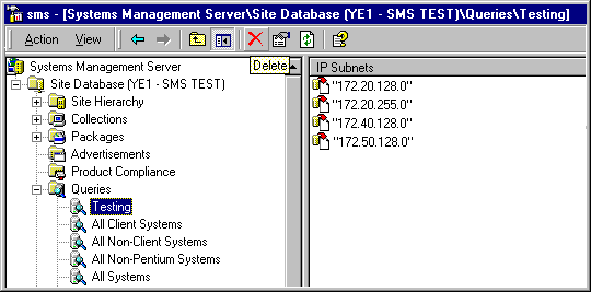 SMS Administrator console with results of testing query. IP addresses appear in the details pane.