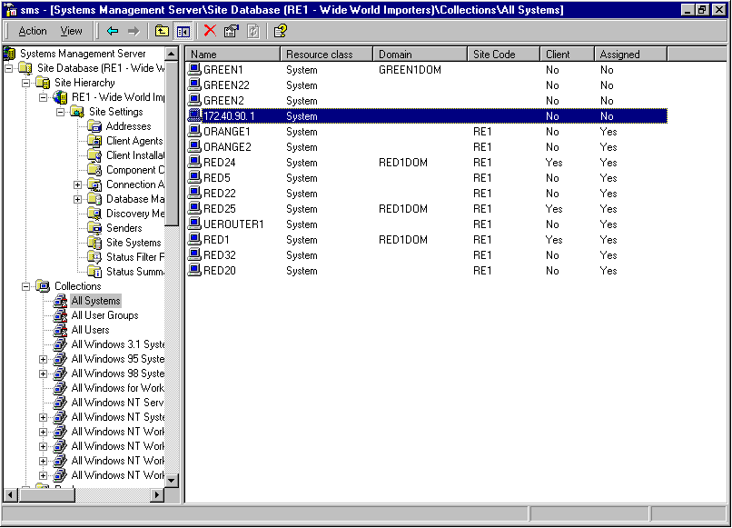 SMS Administrator console after Network Discovery runs. The device IP address appears in the Name column.