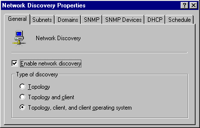 General tab of the Network Discovery Properties dialog box. The Enable network discovery check box is selected.