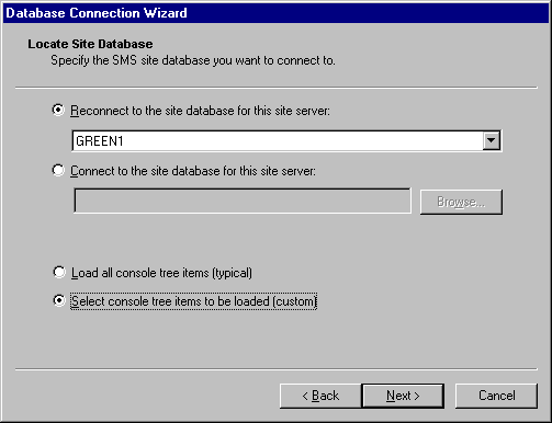 Locate Site Database page in the Database Connection Wizard. The Reconnect to the site database for this site server option is selected.