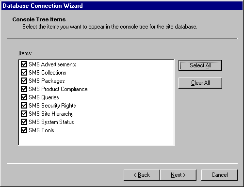 Console Tree Items page in the Database Connection Wizard. All console tree items are selected.
