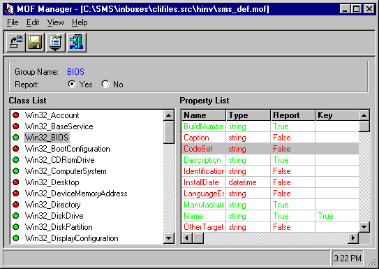 MOF Manager user interface with Win32BIOS class selected in Class List pane. The CodeSet attribute, set to False, is selected in the Property List pane.