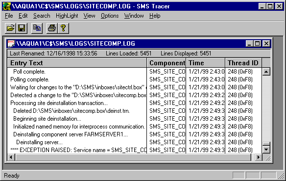 SMS Trace tool user interface, showing data for the Sitecomp.log file