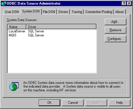 System DSN tab of the ODBC Data Source Administrator dialog box