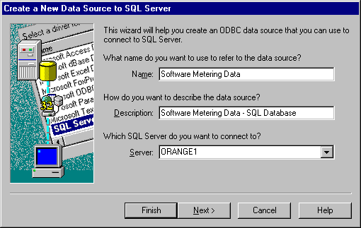 First page in Create a New Data Source to SQL Server Wizard, with fields for data source name and description, and computer running SQL Server.