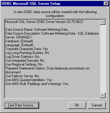 ODBC Microsoft SQL Server Setup dialog box, summarizing the settings chosen in the Create a New Data Source to SQL Server Wizard