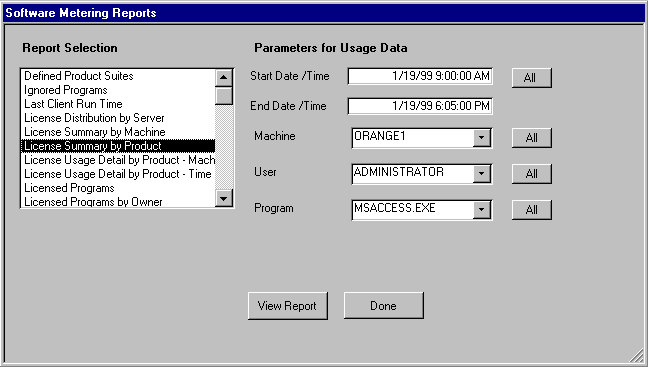 Software Metering Reports dialog box in the License Reports tool. The License Summary by Product report is selected.