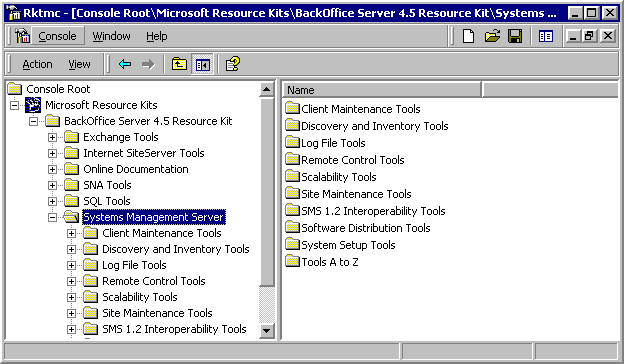 Tools Management Console, with SMS 2.0 tools selected in the console tree. The details pane shows the different tools categories