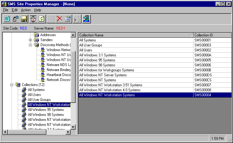 SMS Site Properties Manager tool user interface, with the All Windows NT Workstation Systems collection selected. The collection name and ID are displayed.