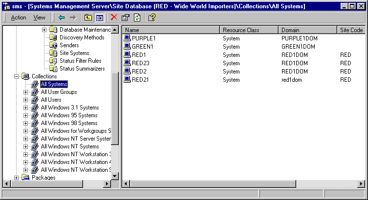 SMS Administrator console, with the All Systems collection selected. Collection members, resource classes, domains, and site codes appear in the details pane.