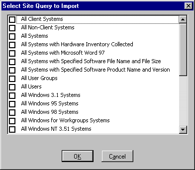 Select Site Query to Import dialog box in Excel version of the SMS Query Extract tool. 