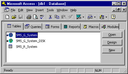 Access 97 table with links to the SMS_G_System and SMS_G_System_DISK tables, and a local table, SMS_R_System