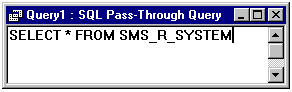 Access 97 query design view window for a SQL pass-through query. A SQL query statement is shown.