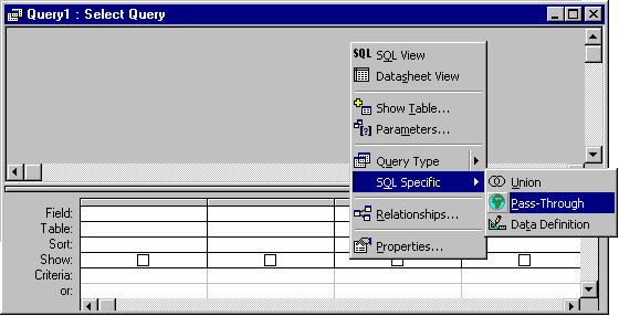 Select Query dialog box in Access 97. Right-click menu is open, with the SQL Specific and the Pass-Through commands both displayed.