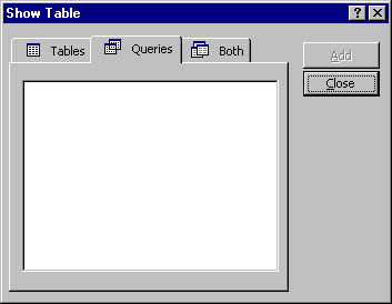 Show Table dialog box in Access 97, with Queries tab displayed.