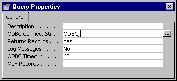 Query Properties dialog box for a SQL pass-through query in Access 97. An ellipsis button appears next to the ODBC Connect String box. 