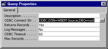 Query Properties dialog box for SQL pass-through query in Access 97. Fully qualified ODBC connection string now appears.