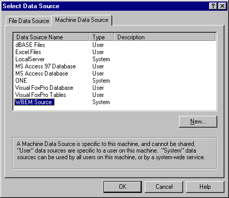 Select Data Source dialog box in Access 97, with the Machine Data Source tab selected. WBEM Source is selected as the data source for the link.