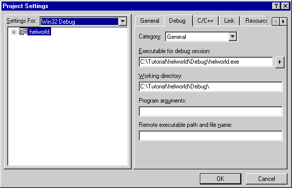 Debug tab of the Project Settings dialog box