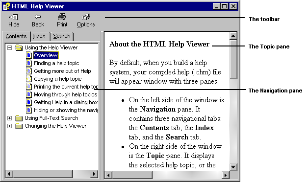 The three-pane Help Viewer