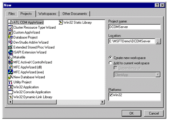 Opening the ATL COM AppWizard