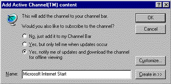 Internet Explorer 4.0 Add Active Channel dialog