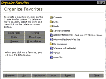 Internet Explorer 5 Organize Favorites dialog