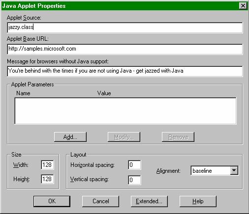 Java Applet Properties dialog