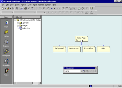 The Millennium Web site in Navigation View