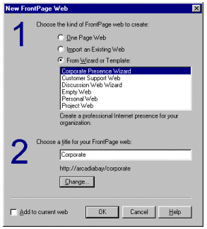 The New FrontPage Web wizard