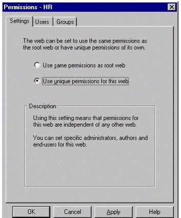 FrontPage Permissions dialog