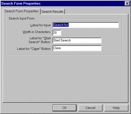 The Search Form Properties dialog box