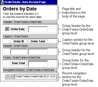 Sections used on a data access page with two group levels