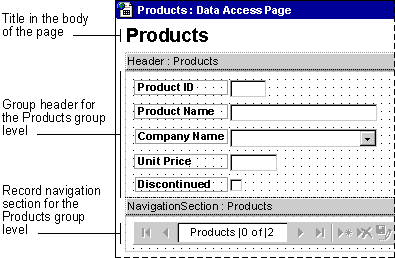 Parts of a data entry page in Design view