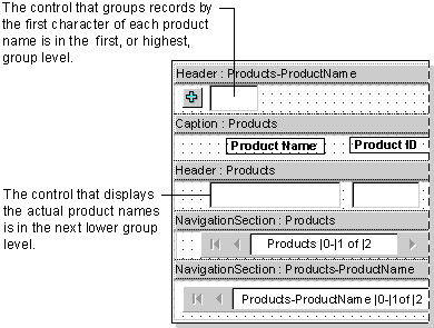 Page that groups on the first characters in a field, in Design view