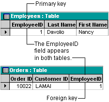 EmployeeID used as primary key in Employees table and foreign key in Orders table.