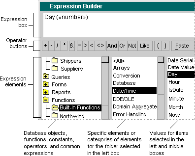 Create an expression by selecting database objects, elements, and values from the lists