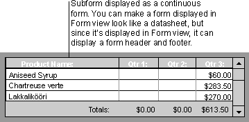 Subform displayed as a continuous form that looks like a datasheet