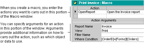 Macros contain actions and arguments