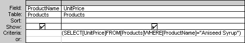 SELECT statement in the Criteria cell defines a subquery.