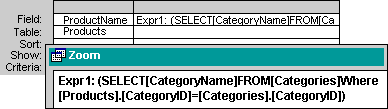 Zoom box displays long subquery statements.