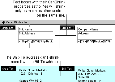 Comparison of text boxes in Design view and on a printed report