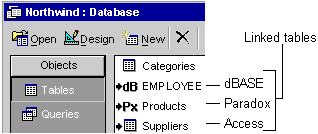 Icons for linked tables in the Database window