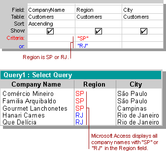 Query design grid with alternative criteria for one field